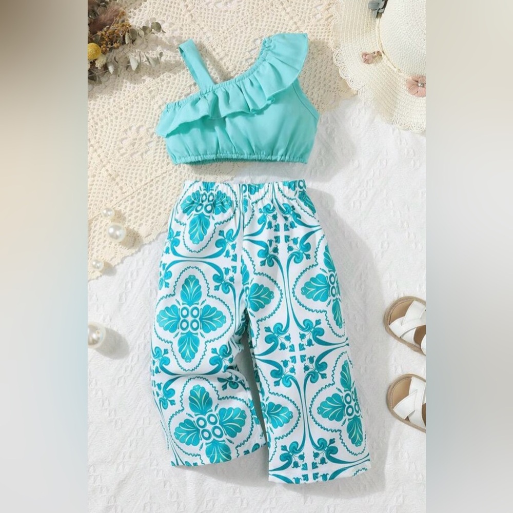 NWT Baby Girl Asymmetrical Neck Ruffle Trim Top &  Print pants sz 18-24 months